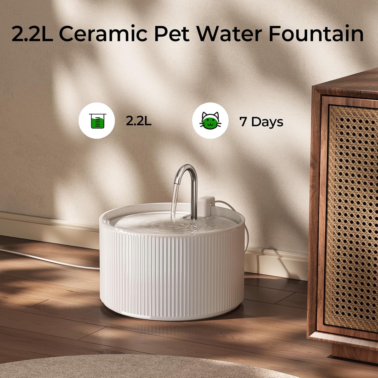 Ceramic Cat Water Fountain, 2.2L/74oz Ceramic Cat Fountains for Drinking Indoor with 3 Replacement Filters and 3 Sponges, Automatic Pet Water Dispenser with Ultra-Quiet Pump