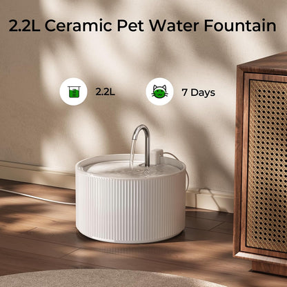 Ceramic Cat Water Fountain, 2.2L/74oz Ceramic Cat Fountains for Drinking Indoor with 3 Replacement Filters and 3 Sponges, Automatic Pet Water Dispenser with Ultra-Quiet Pump