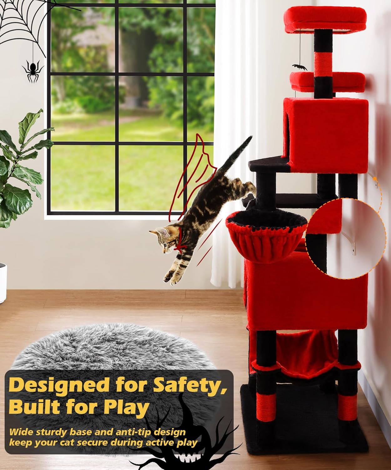 AMHANCIBLE Gothic Cat Tree, 70 Inch Tall for Indoor Adult Cats, Large Multi-Level Tower with Scratching Post, Hammock, Condos, Hanging Basket, Activity Center to Play and Sleep, Black Red, PT18RD