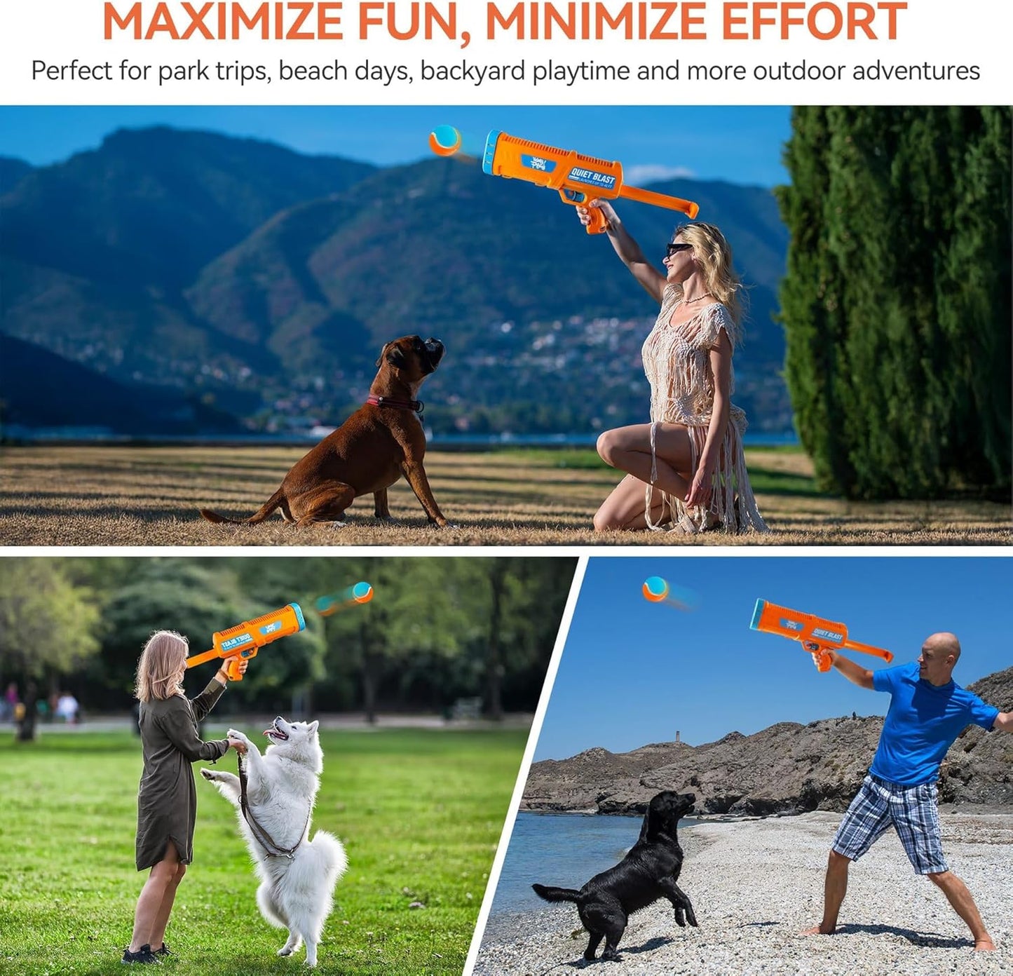 Quiet Blast Automatic Ball Launcher for Dogs, Orange and Blue, Outdoor Interactive Fetch Toy