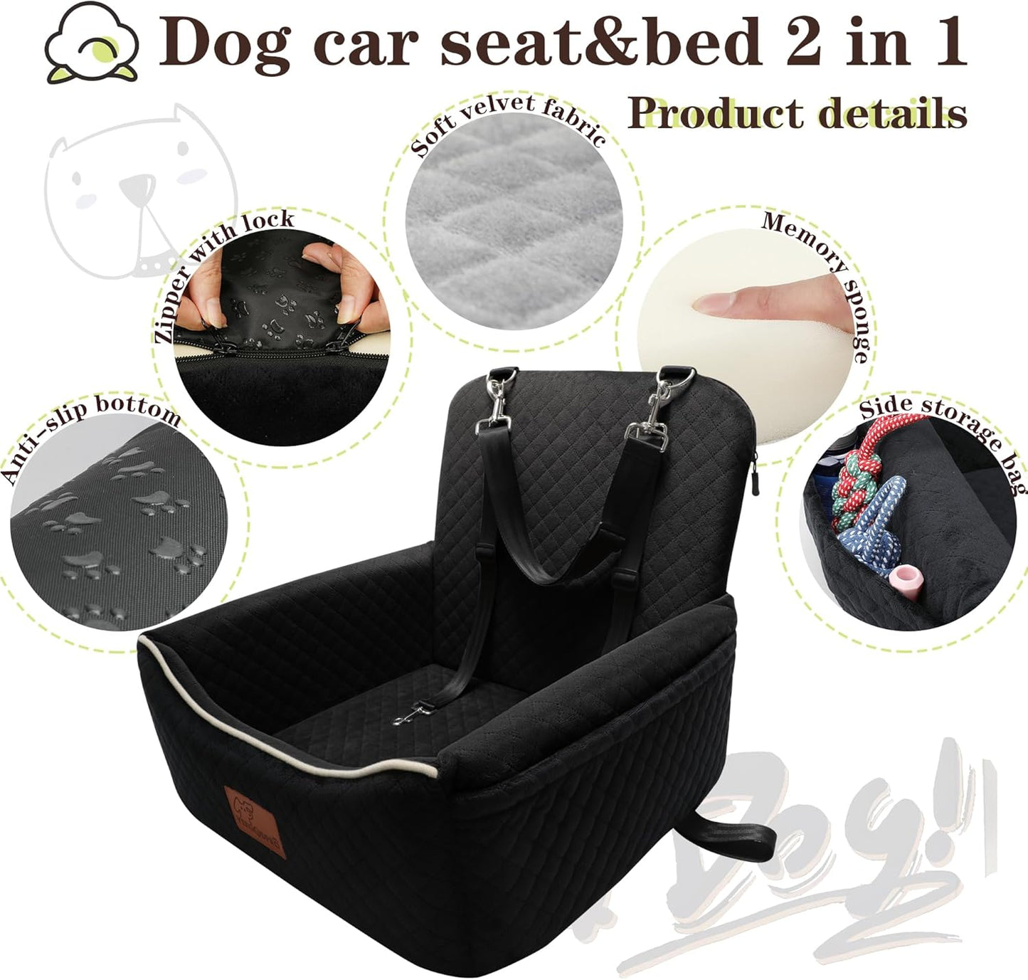 Dog Car Seat Bed 2 in 1 for Small/Medium Dogs up to 35 lbs,Adjustable Safety Leashes,Memory Foam with Soft Fabric Pets Travel Car Bed,Easily Installed in Front and Back seat,Removable and Washable.