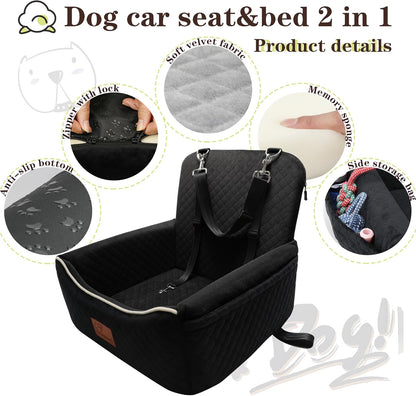 Dog Car Seat Bed 2 in 1 for Small/Medium Dogs up to 35 lbs,Adjustable Safety Leashes,Memory Foam with Soft Fabric Pets Travel Car Bed,Easily Installed in Front and Back seat,Removable and Washable.