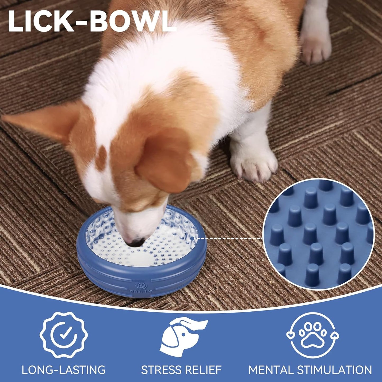 Dog Lick Bowl, Animire Freeze Lick Mat for Dogs, Non-Slip Slow Feeder Licking Bowl Enrichment Treat for Distraction Anxiety Relief, Food Grade Silicone, Dishwasher Safe(Dark Blue,XL)