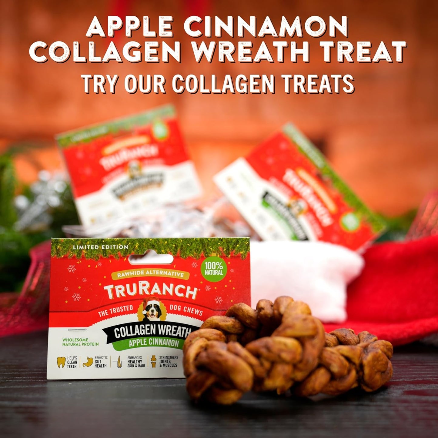 TRURANCH Apple Cinnamon Collagen Wreath Treat, 1 Bag, 2 Count, Limited Edition Holiday Stocking Stuffer, All-Natural Hydrolyzed Collagen, Rawhide Free, 50% Protein, Healthy Limited Ingredient Chew