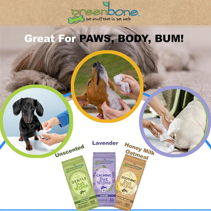 Greenbone On-The-Go Pet Wipes Bundle Pack - 150 Total Wipes (50 Each of Unscented, Lavender, Honey Milk Oatmeal) - Gentle Cleaning for Dogs and Cats