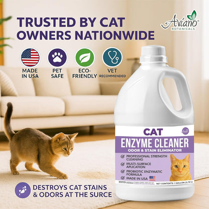 Aviano Cat Enzyme Cleaner – 1 Gallon – Made in USA – Odor Eliminator with Lemon Scent – Pet & Carpet Enzyme Cleaner for Cat Pee, Litter Boxes & Furniture