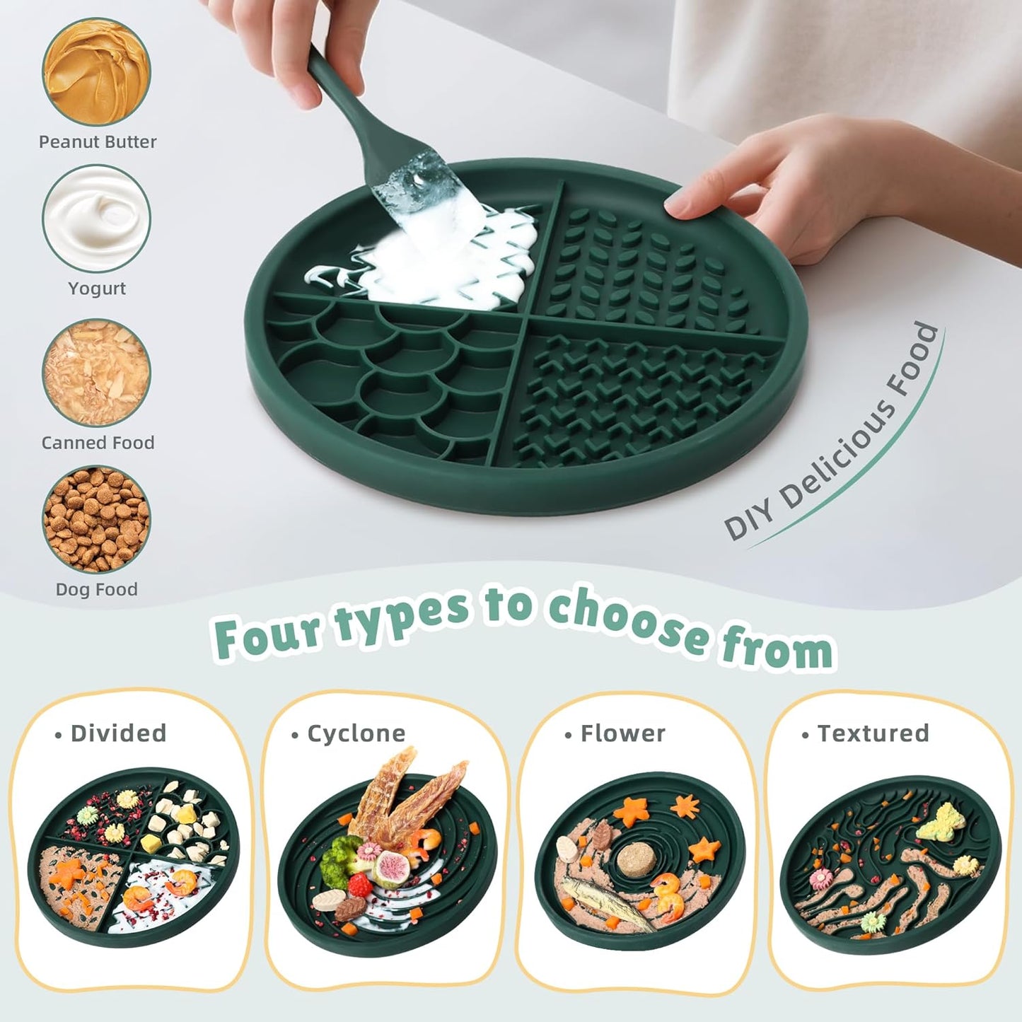 2 in 1 Slow Feeder Dog Bowls Small Breed, Silicone Lick Mat for Dogs, Dog Puzzle Bowl with Suction Cups for Anxiety Relief, Slow Feeder- Dishwasher Safe,Green,Spatula+UU Dogs Bowl+Cyclone Lick Pad