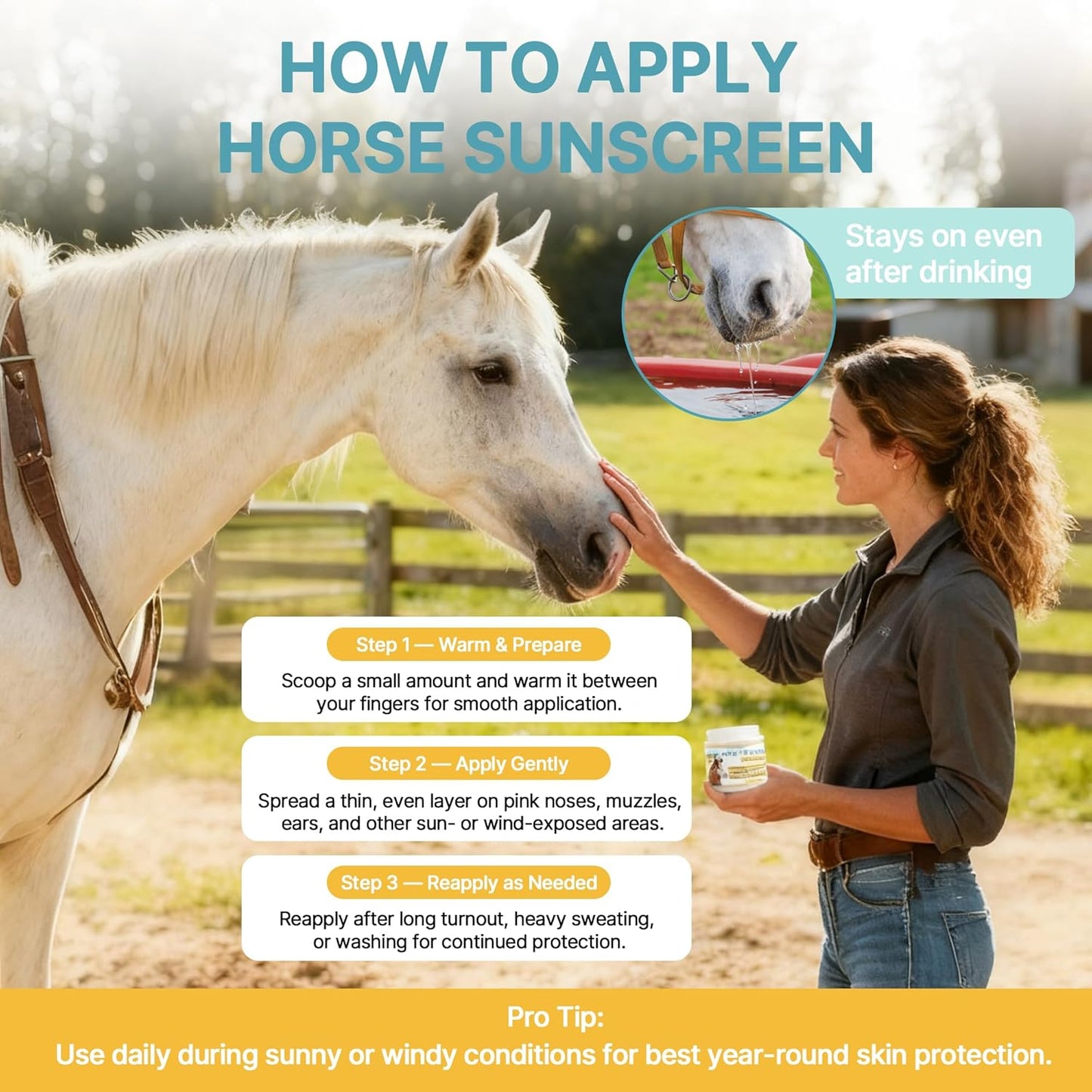 Horse Sunscreen for Nose & Sensitive Pink Skin – Natural Sunscreen for Horses with Non-Nano Zinc Oxide – Protects Against Sunburn, Windburn & Dryness – Safe, Long-Lasting Sunblock for All Seasons,8 oz