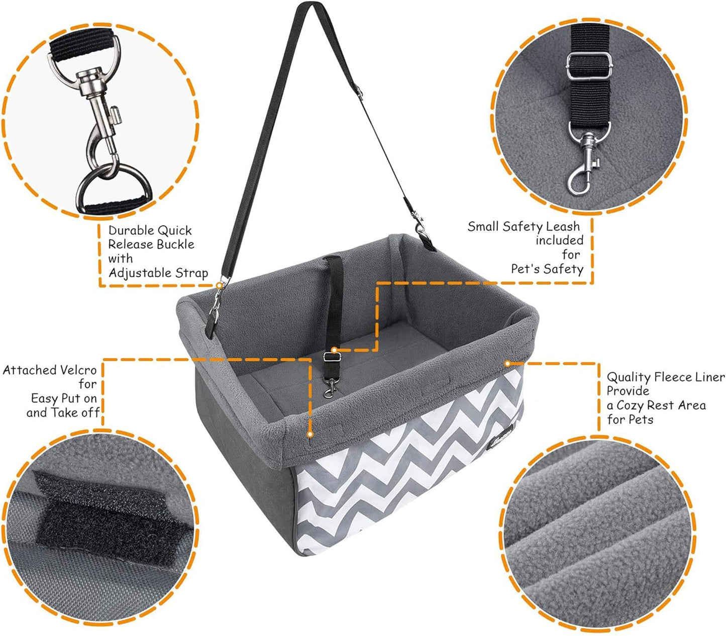 JESPET & GOOPAWS: Pet Safety Booster Car Seat - Grey Stripe -Small Dogs & Cats Up to 24lbs, Cozy Fleece Lined Bed, Collapsible Portable Travel Carrier