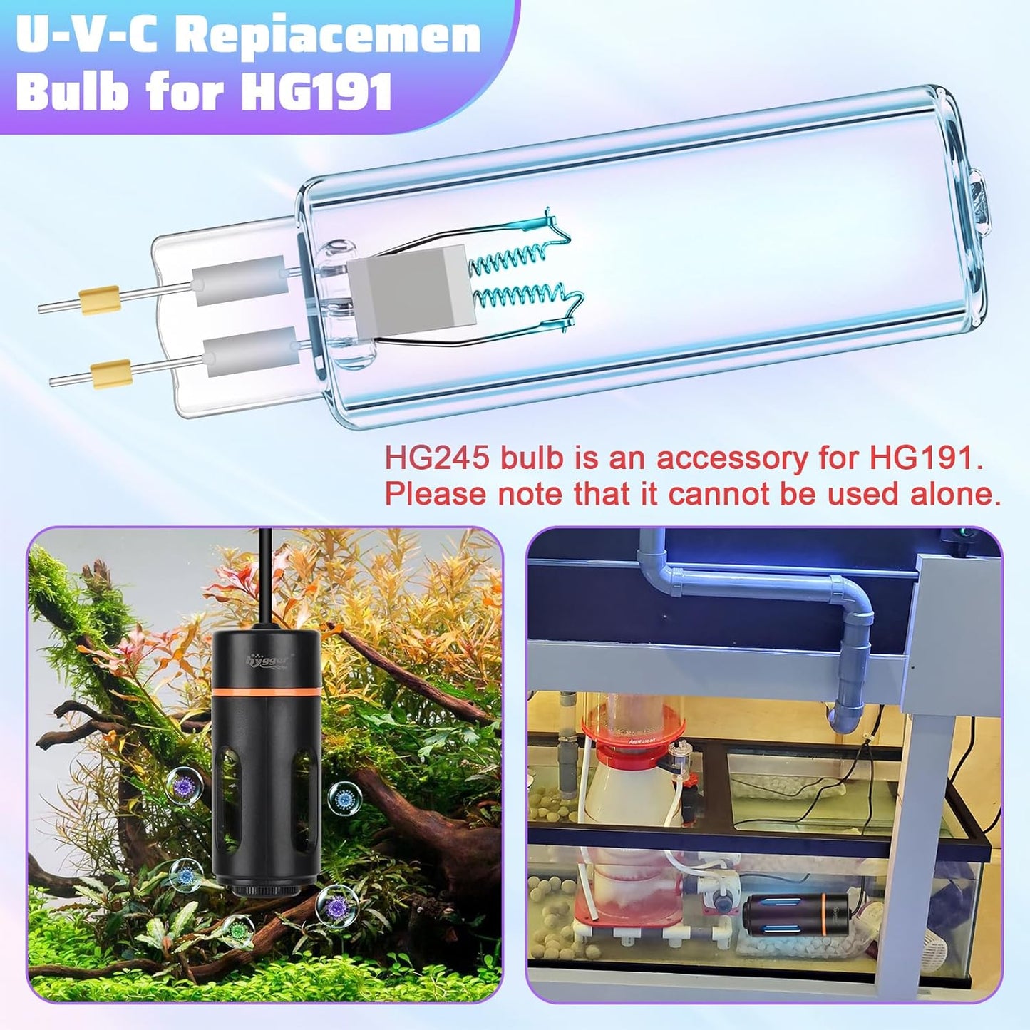 hygger 2 Pack Aquarium U-V Light Replacement Bulbs for HG191 HG250 (3W)
