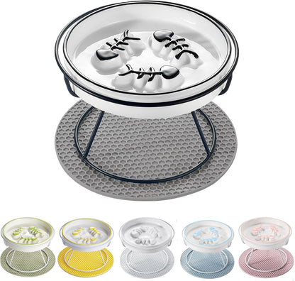 Elevated Cat Slow Feeder Bowls,Whisker Friendly Cat Bowl, Ceramic Raised Slow Feeder, Anti Vomit Promotes Digestion Bowls for Dry and Wet Food