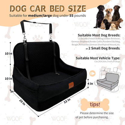 Dog Car Seat for Medium/Large Dogs Under 50 lbs,Contains 4 Inches of Memory Foam Pet Booster Seat with 2 Safety Leashes,Detachable & Washable Car Bed，Multi-Functional Pet Travel Bed with Pockets