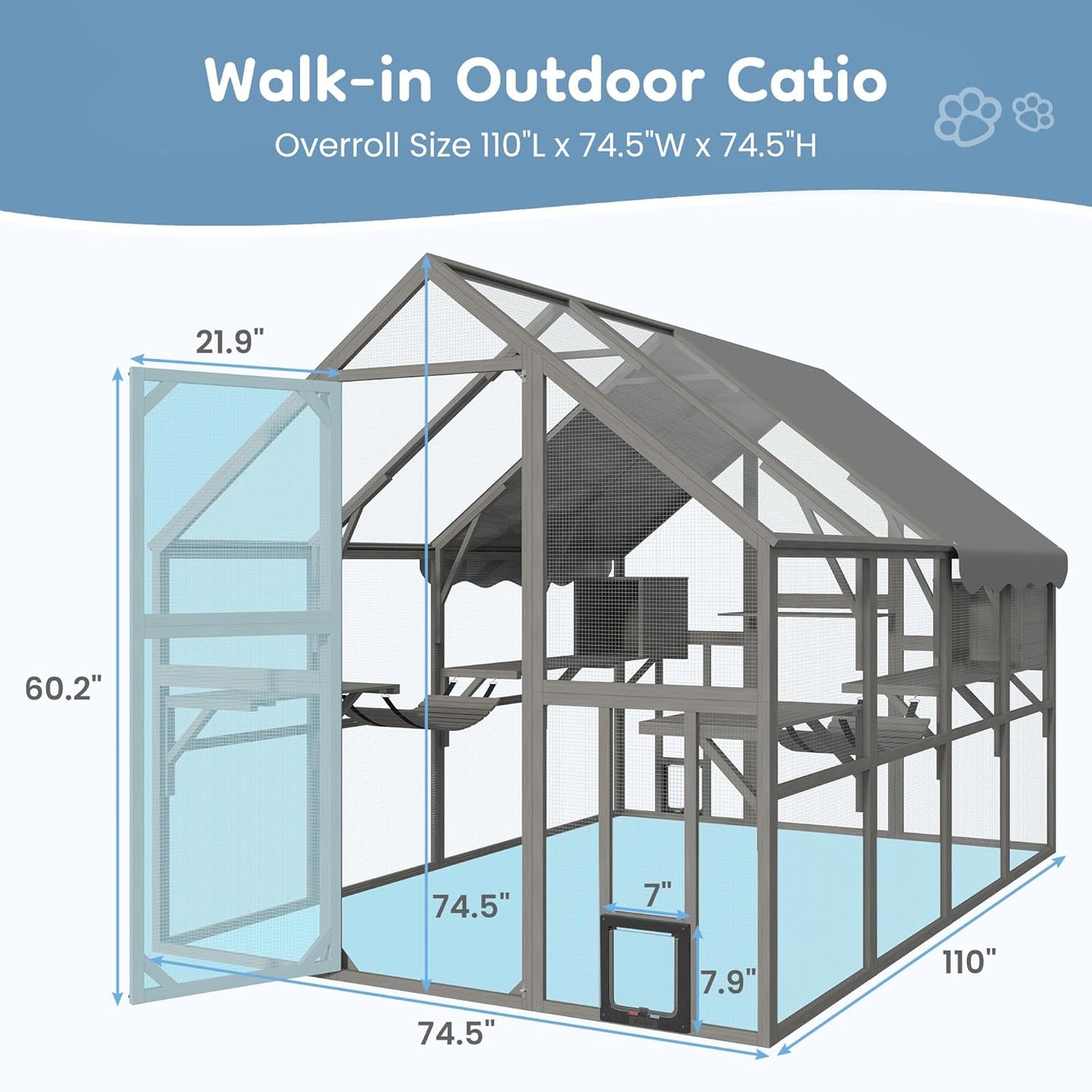 Extra Large Catio – Walk-in Outdoor Cat Enclosure for Multiple Cats, 110" Multi-Level Wood Cat Patio Playpen with Weatherproof Roof, Bridges, Condos and Door Access