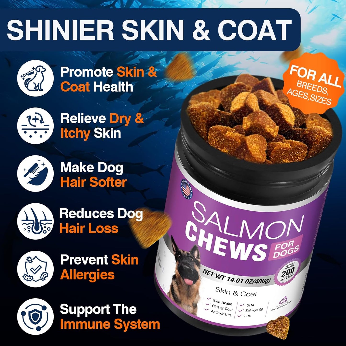 Omega 3 Skin and Coat Supplement for Dogs 200 Chews Dog Fish Oil Supplements with EPA & DHA Fatty Acids Dry Skin Relief for Dogs Shedding Allergy Itching Promotes Heart Hip Joint(Peanut Butter)