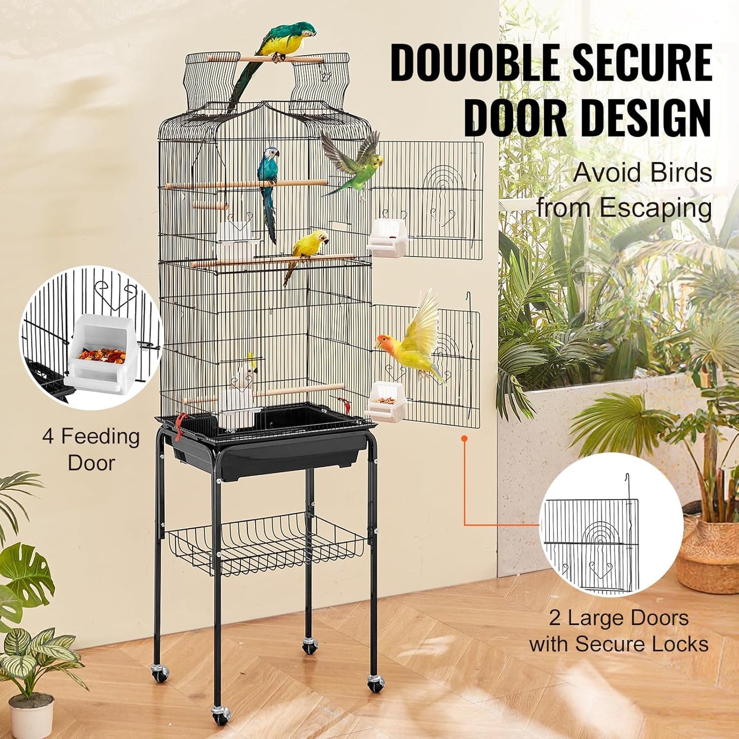 VEVOR 64-inch Open Top Large Parrot Bird Cage with Detachable Rolling Stand for Parakeets Finches Canaries Lovebirds Cockatiels Budgies Small Quaker Conures Flight Birdcage with Swing and Perch