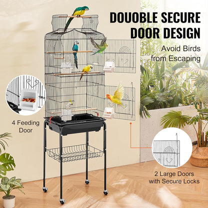 VEVOR 64-inch Open Top Large Parrot Bird Cage with Detachable Rolling Stand for Parakeets Finches Canaries Lovebirds Cockatiels Budgies Small Quaker Conures Flight Birdcage with Swing and Perch