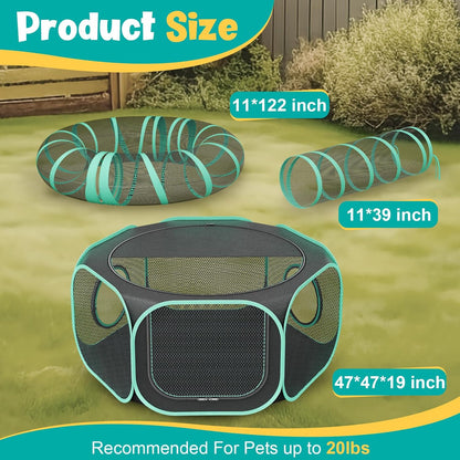 Outdoor Cat Enclosure with Tunnel - Portable Catio Outdoor Cat Tent for Camping Travel Trip - Outside Cat Playpen for Small Animals and Kittens