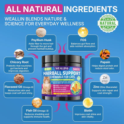Cat Hairball Support Chews 500 Chews, Cat Hairball Remedy Treats Crunchy Shell with Krill Core, Furball Control Relief, Digestion, Supports Skin & Coat, Chicken Flavor, for All Breeds & Ages Cats