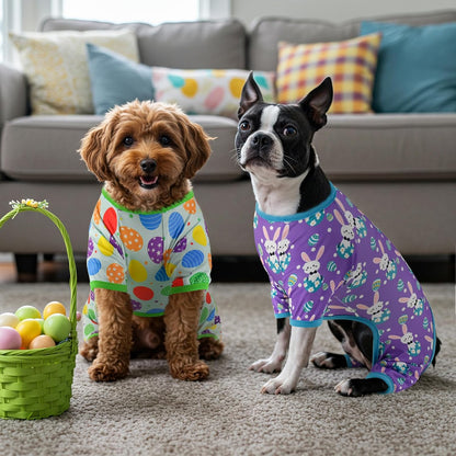 Vehomy 4-Pack Pet Dog Easter Pajama Puppy Easter Onesies Cat Pjs with Easter Egg Carrot Bunny Stripes Patterns for Small Dogs Easter Dog Clothes Outfits Shirts Jumpsuits XXL