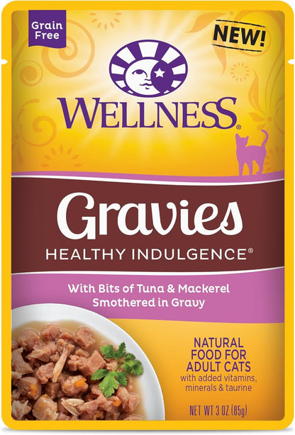 Wellness Natural Pet Food Healthy Indulgence Grain Free Wet Cat Food, Tuna and Mackerel Gravies, 3 Ounce (Pack of 24)