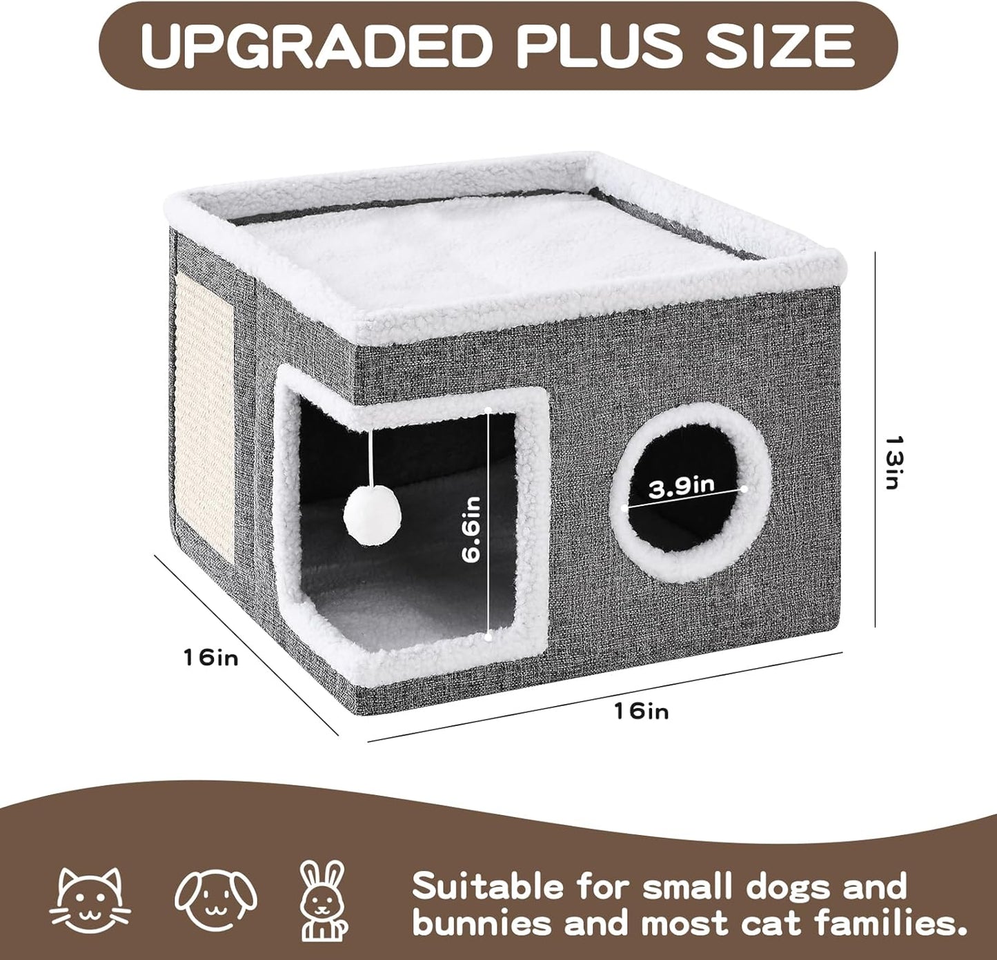 Cat Beds for Indoor Cats, Large Cat Cave with Fluffy Ball and Scratch Pad, Foldable Cat Scratch House with Hideaway Condo for Kitten,16x16x13inch,Grey