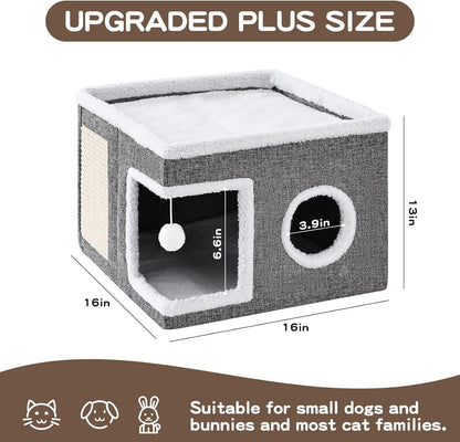 Cat Beds for Indoor Cats, Large Cat Cave with Fluffy Ball and Scratch Pad, Foldable Cat Scratch House with Hideaway Condo for Kitten,16x16x13inch,Grey