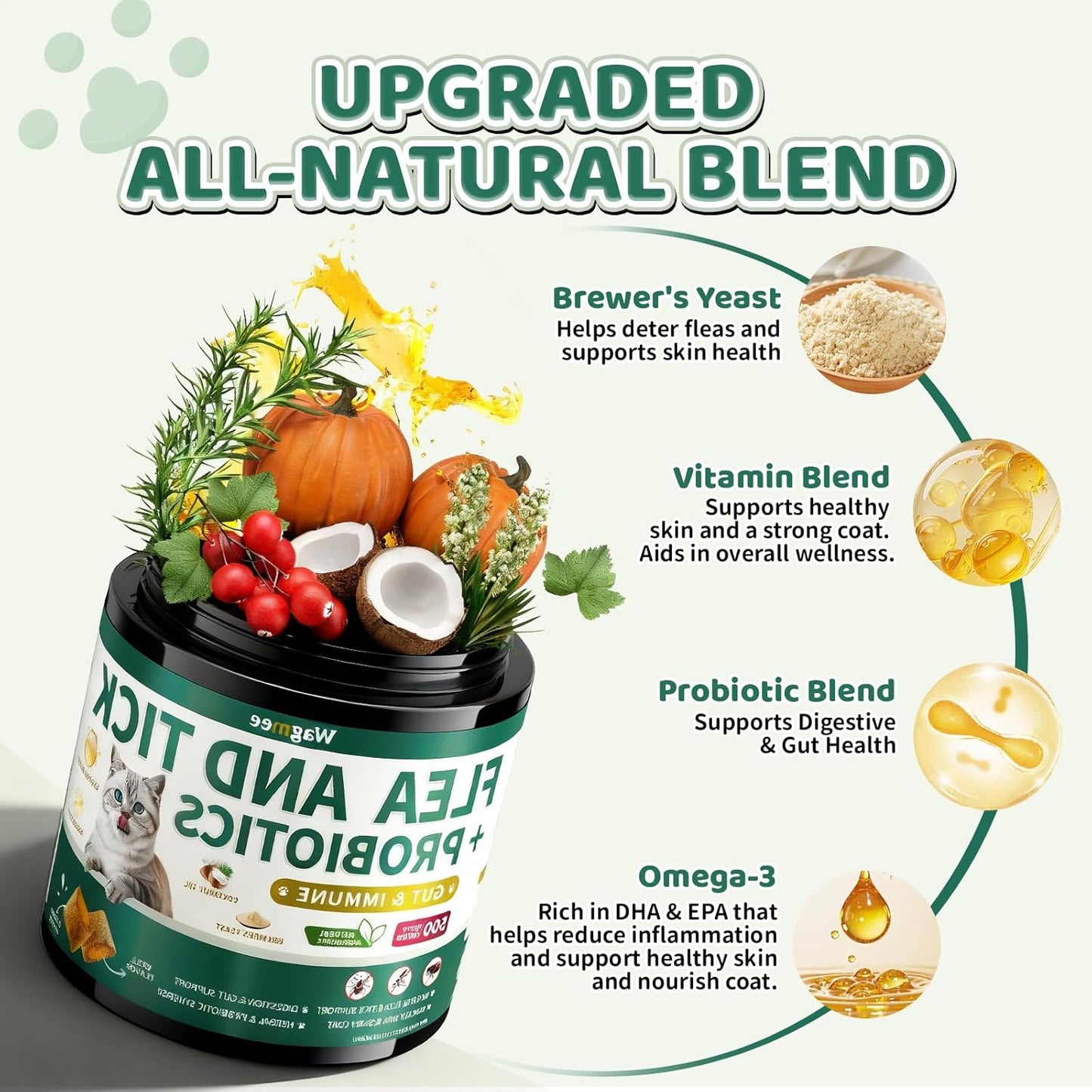 Flea and Tick Prevention for Cats Chews, 500 Crunchy & Creamy Flea Chews, Cat Flea Chewables with Probiotics - Skin & Coat Support - Fleas & Tick Supplement for Cats Kittens - Natural Chicken Flavor