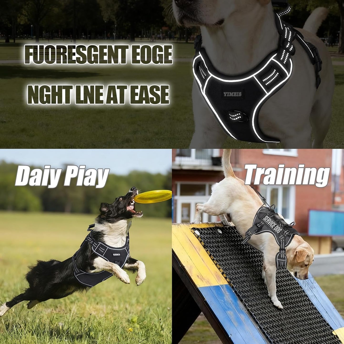 Service Dog Tactical Vest Harness and Leash Set Medium Sized Dog Emotional Support- Tactical Dog Harness Training Collar with Name (Black, M)