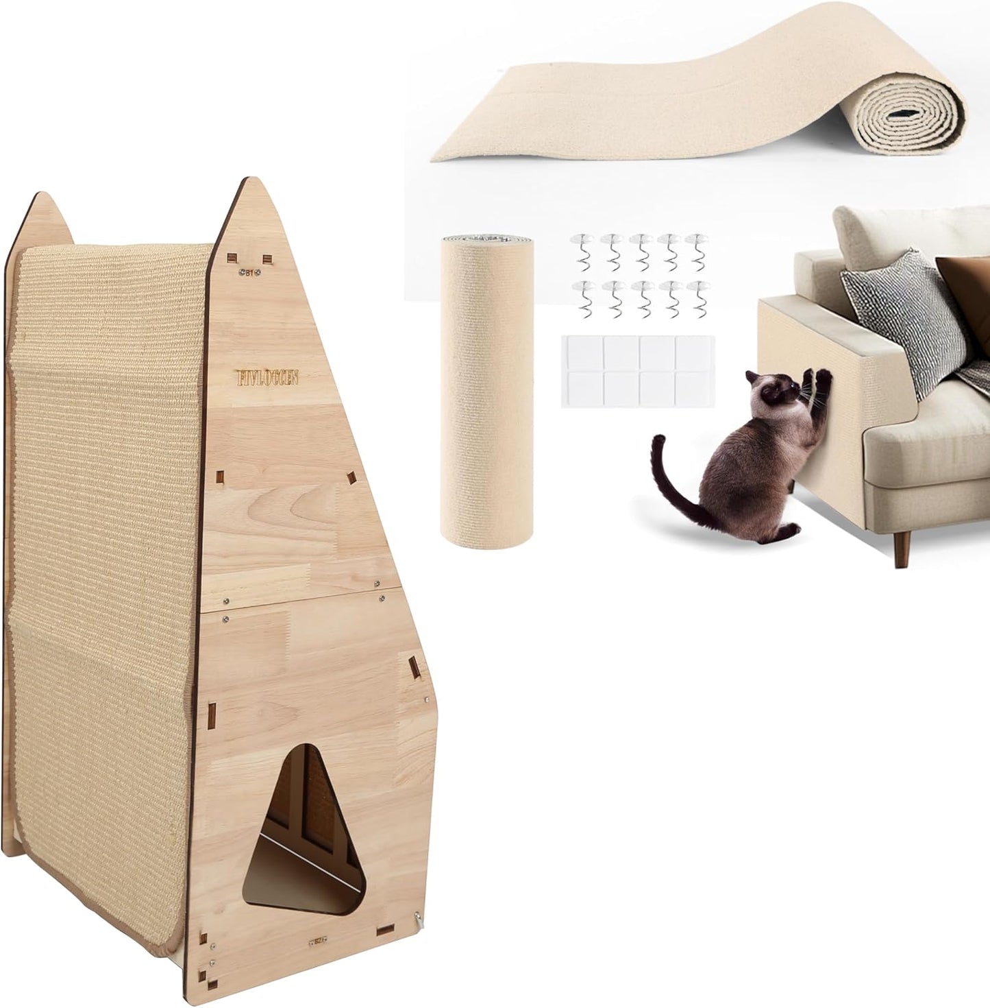 Cat Scratching Post Set: Enhanced Wood-Framed Cat Scratch Post (32in) + Cat Scratch Protector Pads (Beige)