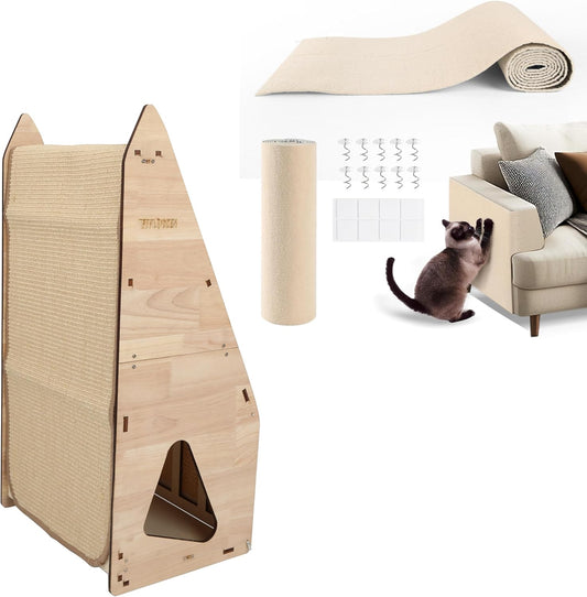 Cat Scratching Post Set: Enhanced Wood-Framed Cat Scratch Post (32in) + Cat Scratch Protector Pads (Beige)