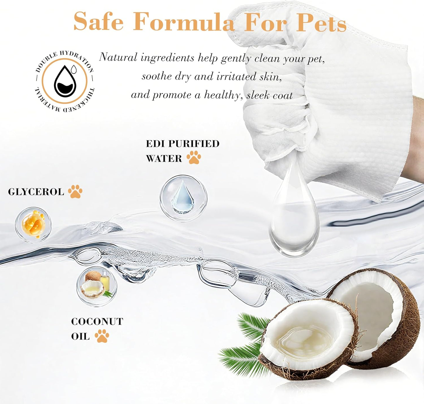 Pet Cleaning Glove Wipes - Coconut Oil & Chamomile Infused, Tame Fur & Banish Odors for Dogs/Cats/Small Furry Pets, Mild Rinse-Free Natural Wipes (8PCS)