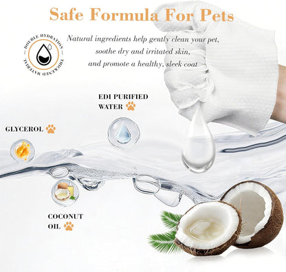 Pet Cleaning Glove Wipes - Coconut Oil & Chamomile Infused, Tame Fur & Banish Odors for Dogs/Cats/Small Furry Pets, Mild Rinse-Free Natural Wipes (8PCS)