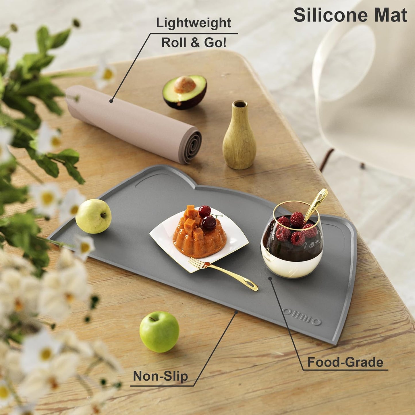 OHMO - Cat Food Mat, Silicone Pet Feeding Mat for Floor Non-Skid Waterproof Dog Water Bowl Tray, Easy to Clean Pet Placemat (Dark Grey, 18 * 9.8'')