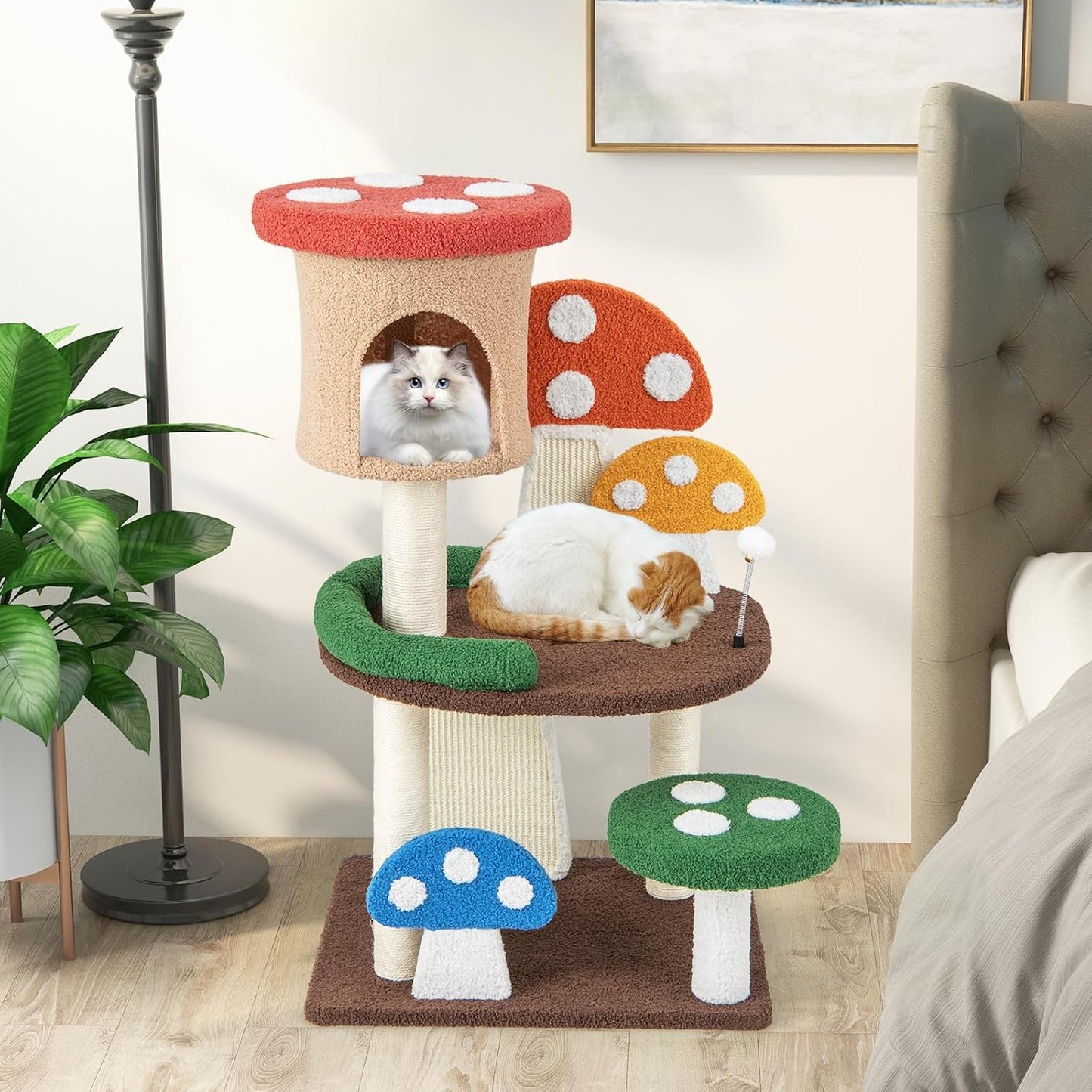 PETSITE Mushroom Cat Tree, 40.5 Inches Tall Multi-Level Cat Tower with Natural Sisal Scratching Posts & Boards, Cat Condo and Teasing Spring Ball, Cute Cat Tree Tower for Indoor Cats Large Adult
