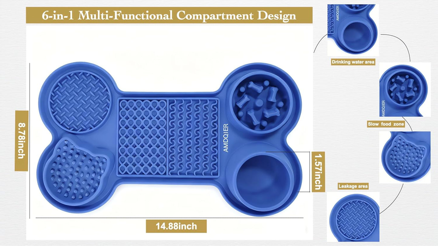 Pet Feeding Dishes,Slow Feeder Lick Mat for Dogs,Cat Licking Mat with Strong Suction Cups - 6-in-1 Interactive Snuffle Mat for Fast Eaters,Anxiety Relief,Grooming & Bath Time (Dark Blue)