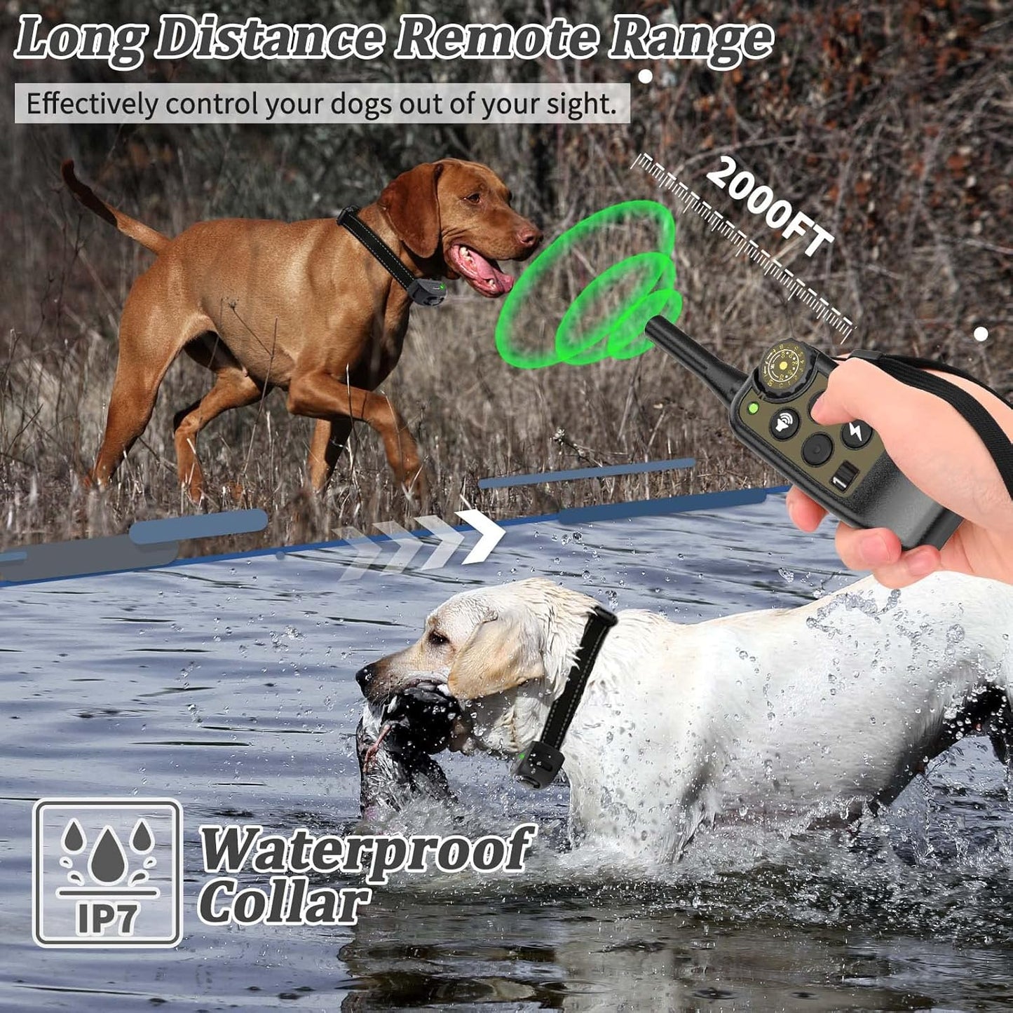 Dog Training Collar with Remote 2000ft, 100% Waterproof Shock Collar for Large Medium Dogs(8-150lbs) with Beep Vibration Shock, Rechargeable Electric Dog Collar with Intensity Dial Knob