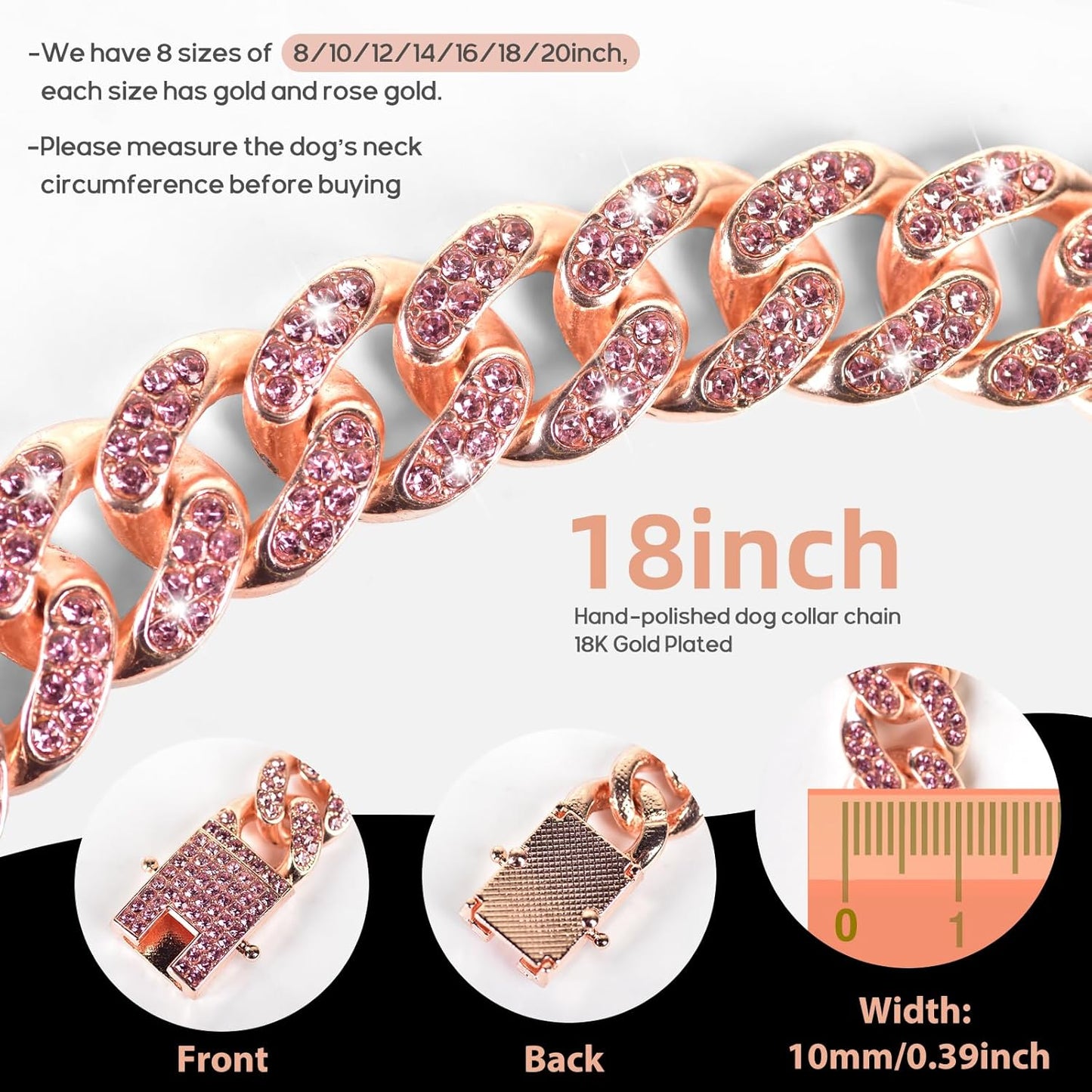 Dog Chain Collar Diamond Link Dog Collar Walking Dog Necklace Metal Cat Chain with Secure Buckle Pet Crystal Collar for Small Medium Large Dogs Cats (Pink, 18 Inch)