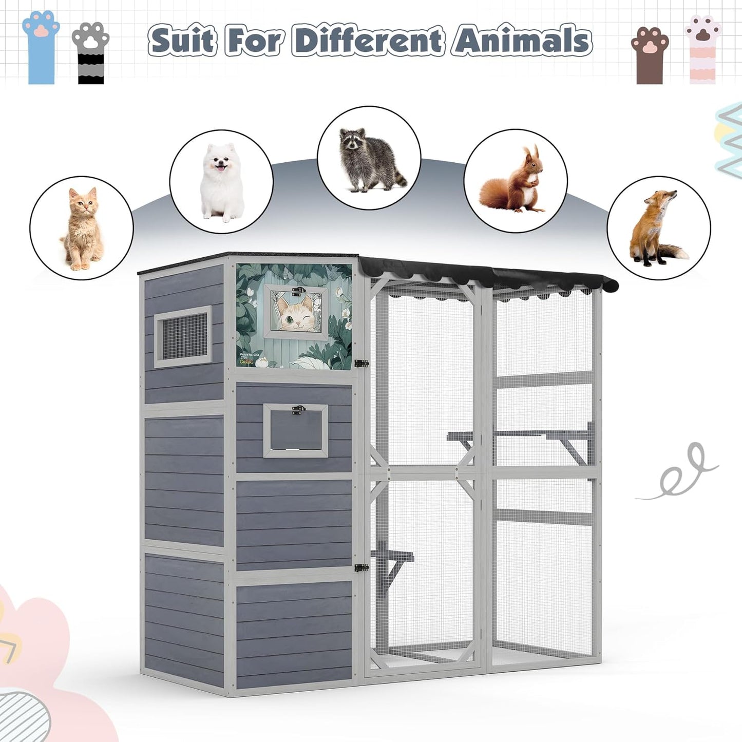 Outdoor Cat Enclosure, 4-Tier Large Cat Catio with Weatherproof Roof, 2 Resting Rooms, 2 Platforms, Walk in Cat Cage Cat House Indoor, Grey, w/Painted Panel