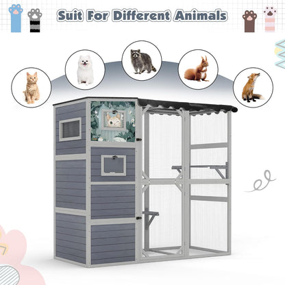 Outdoor Cat Enclosure, 4-Tier Large Cat Catio with Weatherproof Roof, 2 Resting Rooms, 2 Platforms, Walk in Cat Cage Cat House Indoor, Grey, w/Painted Panel