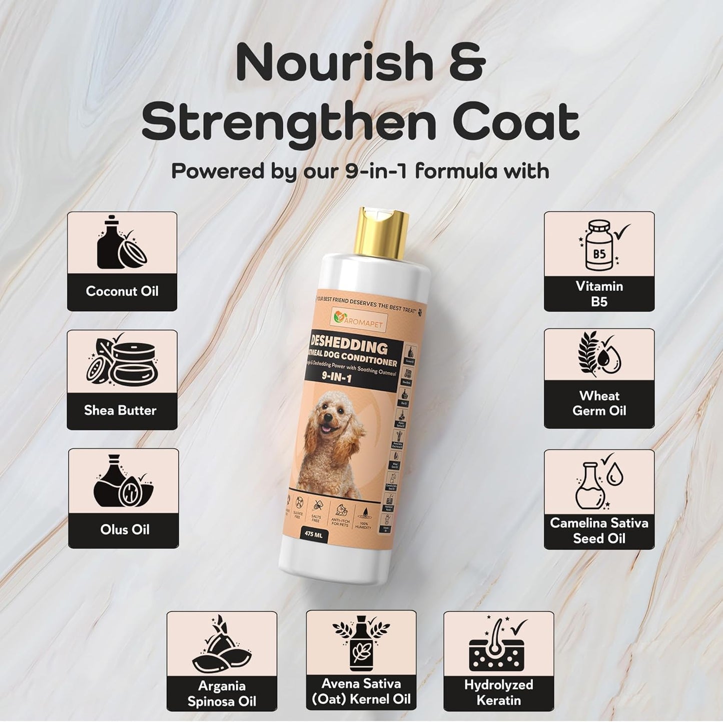 9-in-1 Oatmeal Deshedding Dog Conditioner, Moisturizing Conditioner for Dogs with Oatmeal, Aloe Vera, Chamomile, Argan Oil, for All Breeds & Puppies, Hypoallergenic Dog Conditioner, 475mL