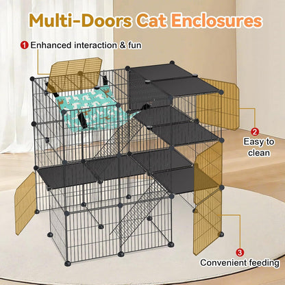 Cat Cage, 3-Tier DIY Cat Enclosures Catio, Cat Playpen Indoor & Outdoor with Hammock, Detachable Metal Wire Kennel Cats Crate, 2x3x3 Exercise Place for 1-3 Cats/Kitten