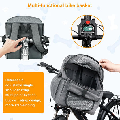 Dog Bike Basket Carrier, Foldable Soft-Sided Pet Carrier Backpack with Mesh Windows, Pet Travel Bag,Dog Backpack Carrier Safe and Easy for Small Medium Cats and Dogs (Grey)