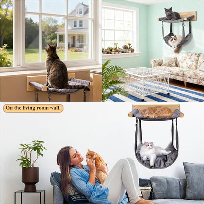 JSPYFITS Wooden Cat Wall Hammock, 18.9 x 12.6 Inch Double Layer Cat Furniture Hammock, Large Removable Multi-Function Cats Bed for Sleep/Play/Climb/Lounge Easy DIY Installation(Grey)