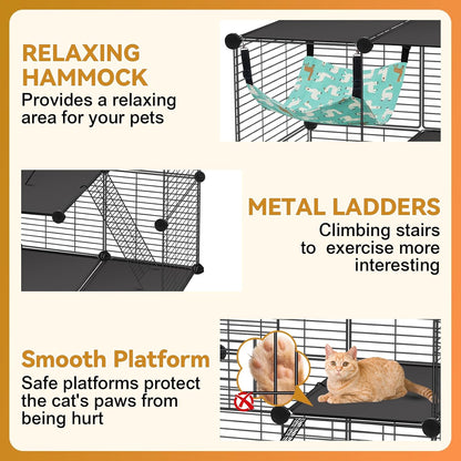 Cat Cage, 3-Tier DIY Catio Cat Enclosures, 24" x 16" x 36" Cat Playpen Indoor & Outdoor with Hammock, Detachable Metal Wire Kennel Cats Crate, 2x1x3 Exercise Place for 1-2 Cats/Kitten