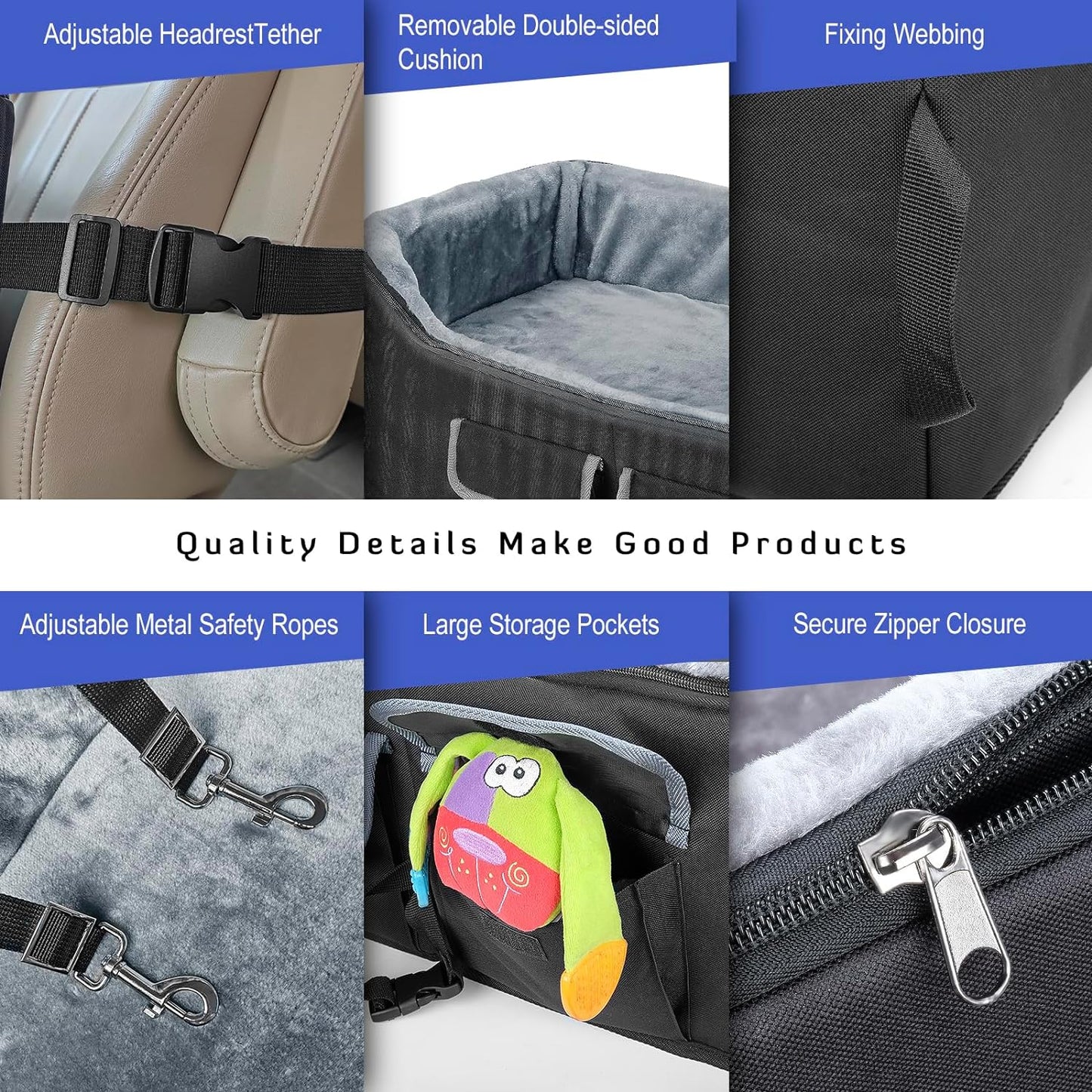 INFANZIA Dog Car Booster Seat, Elevated Pet Car Seats for Large Medium Dogs with Safety Leash, Washable Lookout Puppy Travel Seat with Storage Pockets for Pets Under 55 lbs (Large, Black)