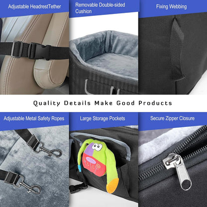 INFANZIA Dog Car Booster Seat, Elevated Pet Car Seats for Large Medium Dogs with Safety Leash, Washable Lookout Puppy Travel Seat with Storage Pockets for Pets Under 55 lbs (Large, Black)