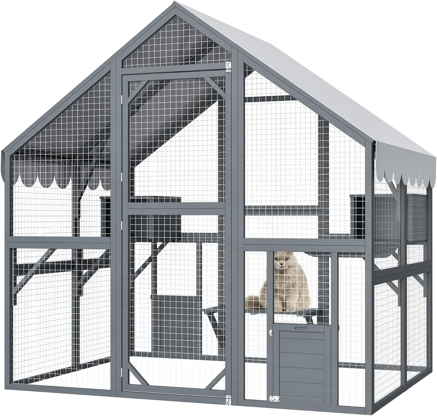 KEIKI 6x4.6 FT Wooden Large Cat House Outdoor Catio Kitty Enclosures with 2 Doors,Platforms,Resting Box,Peaked Roof