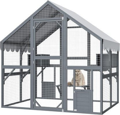 KEIKI 6x4.6 FT Wooden Large Cat House Outdoor Catio Kitty Enclosures with 2 Doors,Platforms,Resting Box,Peaked Roof