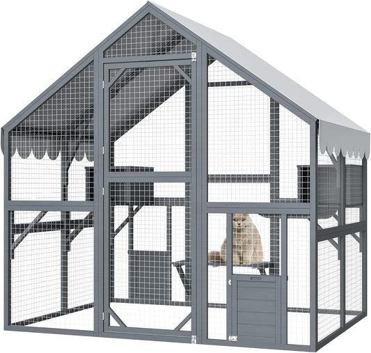KEIKI 6x4.6 FT Wooden Large Cat House Outdoor Catio Kitty Enclosures with 2 Doors,Platforms,Resting Box,Peaked Roof
