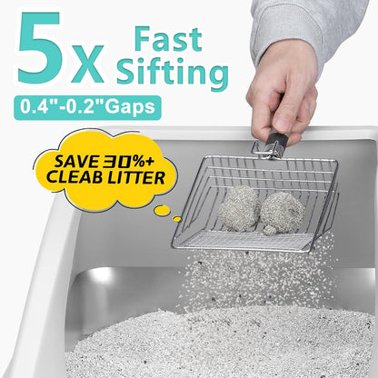 Stainless Steel Litter Box | XL Enclosed Cat Litter Boxes with Lid for Big Cats | High Sided, Anti-Urine Leakage | Non-Stick Bottom & Includes Litter Mat & Metal Scoop